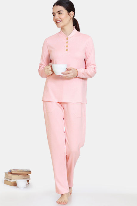 Zivame Cozy Ribbed Viscose Blend Waffle Loungewear Set - Pale Blush — image 4